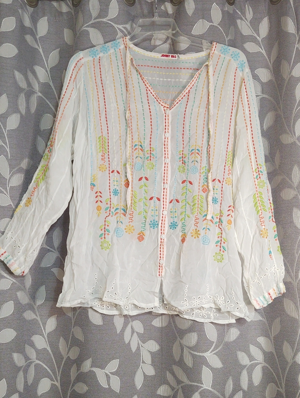 Johnny Was White Embroidered Floral Tunic Top size L